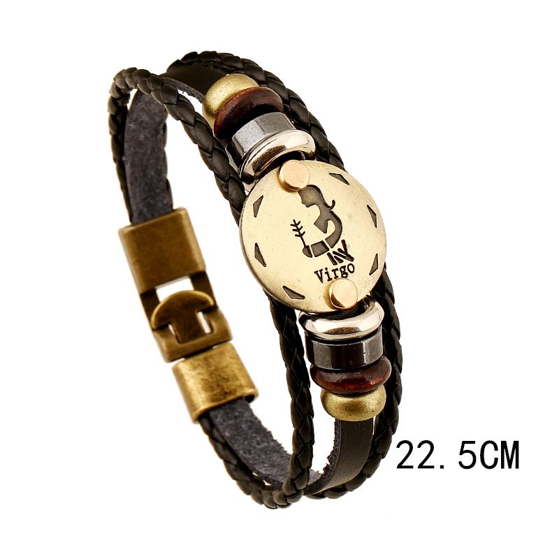 Bracelet à breloques en cuir hématite avec 12 constellations du zodiaque