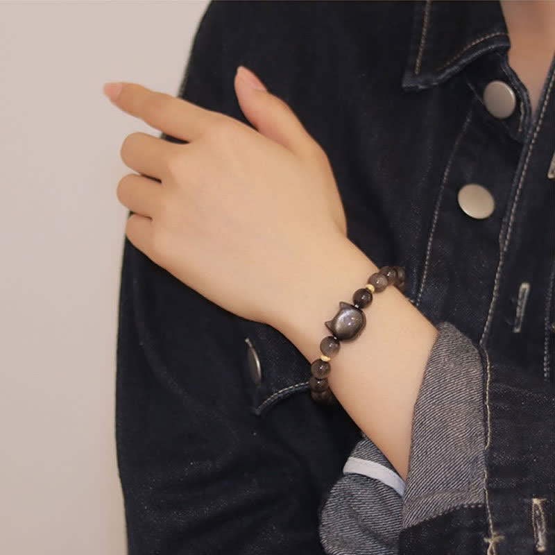 Gold Sheen Obsidian Lucky Cat Protection Bracelet 8mm