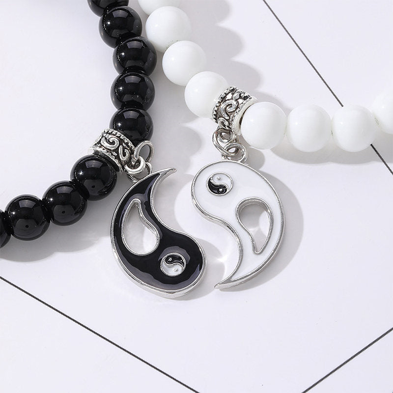 Bracelet Yin Yang 8 mm avec onyx noir et turquoise blanche