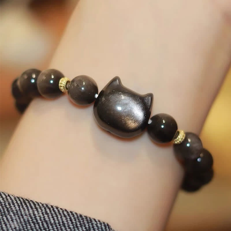 Gold Sheen Obsidian Lucky Cat Protection Bracelet
