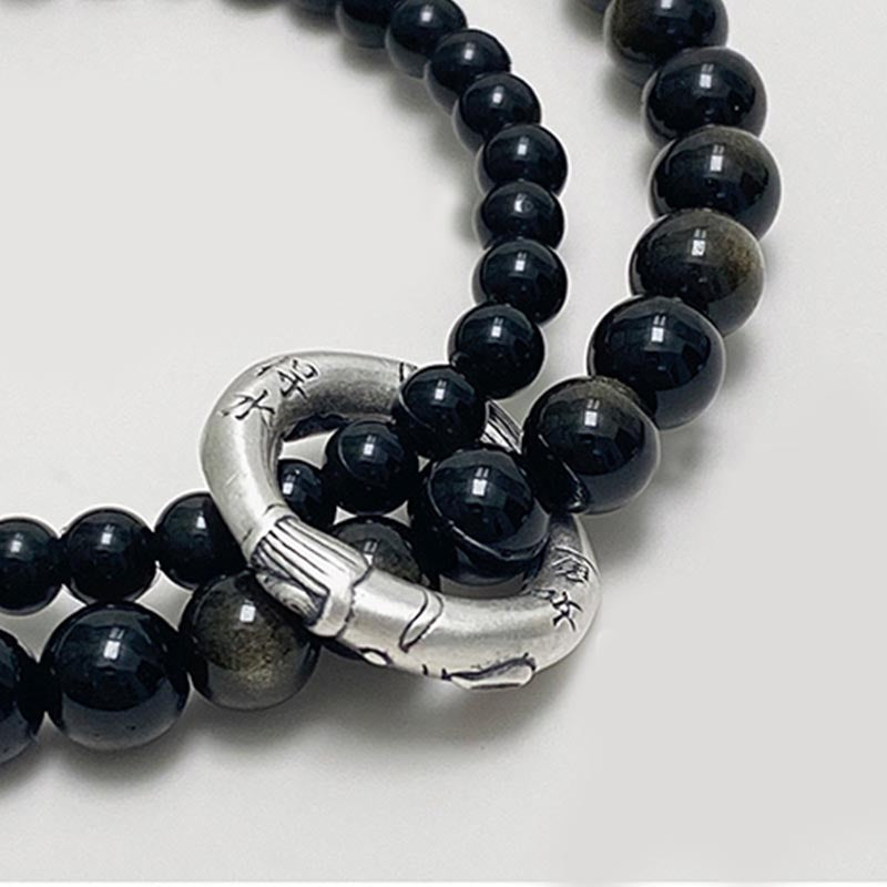999 Sterling Silver Black Obsidian Unisex Protection Bracelet