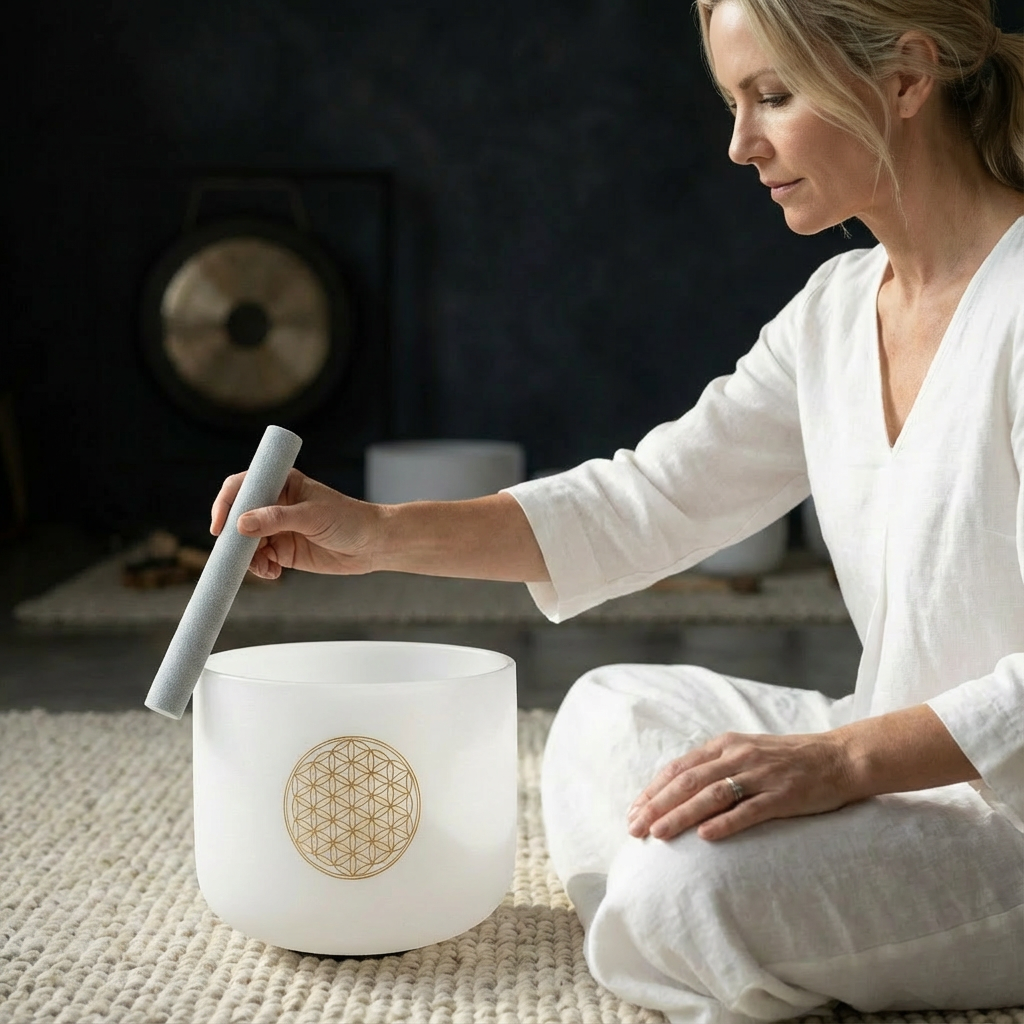 Bol en cristal givré Fleur de vie 528 Hz Note C Do aigu