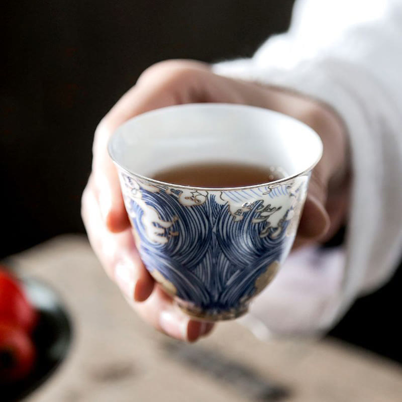 Tasse à thé vintage en céramique Motif vagues de l'océan 60 ml | Vaisselle