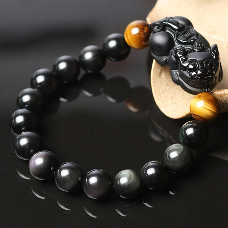 10mm Pixiu Bracelet with Rainbow Obsidian & Tiger Eye for Wealth