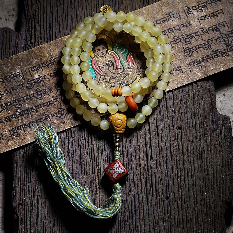 Bracelet Mala en corne de mouton et ambre porte-bonheur, 8 mm