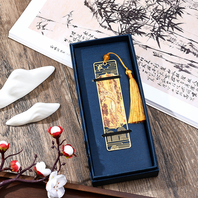 Marque-page en métal Panorama de rivières et de montagnes avec pompon