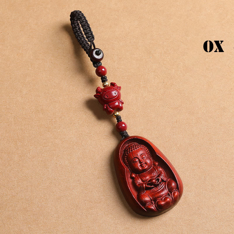 Porte-clés de protection du zodiaque chinois en bois de santal rouge à petites feuilles