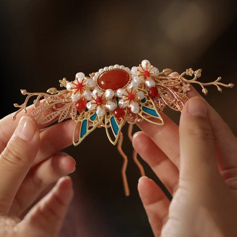 Red Flower Butterfly Pearl Tassel Hair Clip Comb Crown, Spiritual Jewelry
