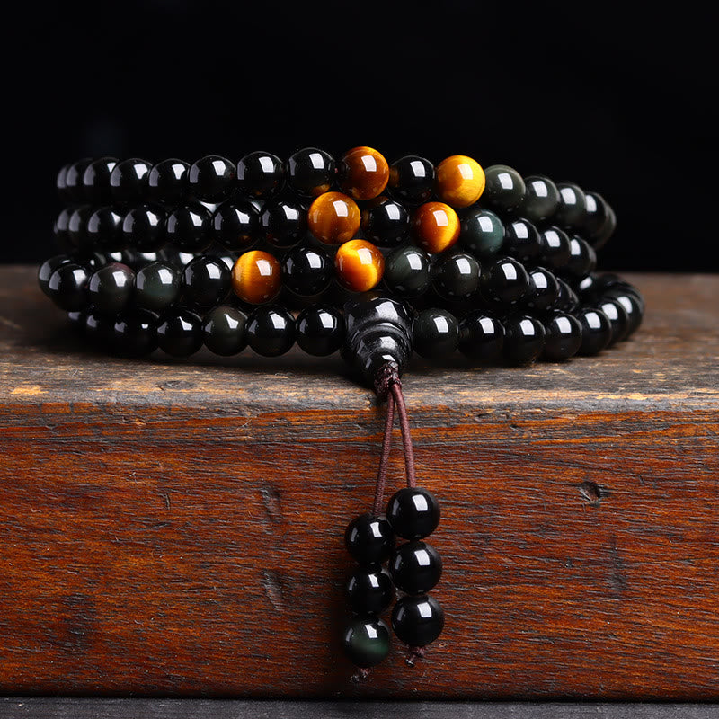 Bracelet Mala 108 perles en obsidienne noire œil de tigre de 6 mm