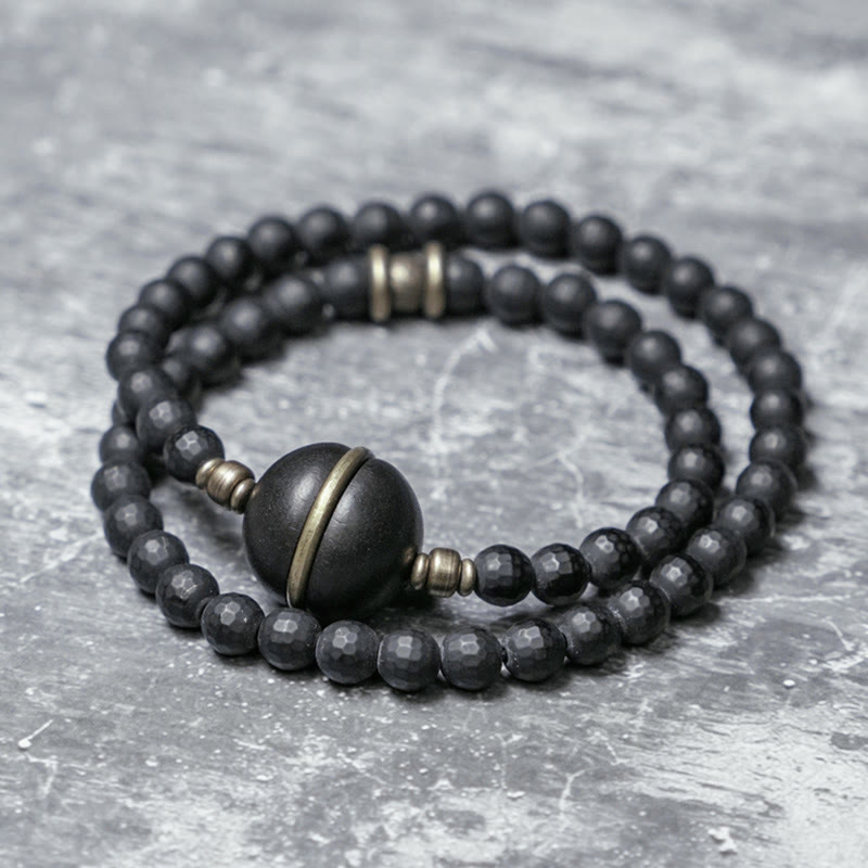 Bracelet de protection double tour en onyx noir et ébène de 6 mm