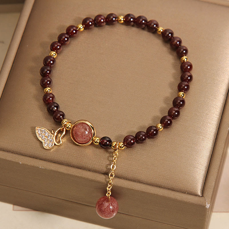 Bracelet de protection papillon en quartz fraise et grenat de 6 mm