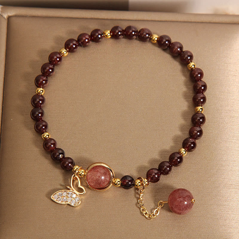 Bracelet de protection papillon en quartz fraise et grenat de 6 mm