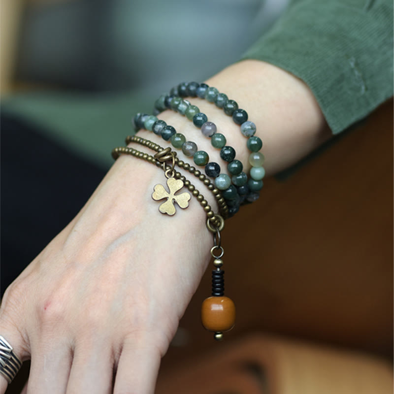 Bracelet porte-bonheur multicouche en agate mousse de 6 mm