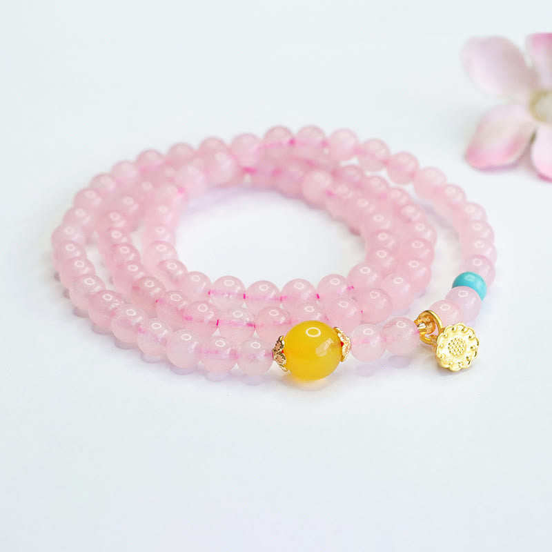 Bracelet Lotus en cristal rose de 6 mm avec calcédoine jaune