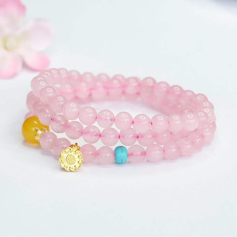 Bracelet Lotus en cristal rose de 6 mm avec calcédoine jaune