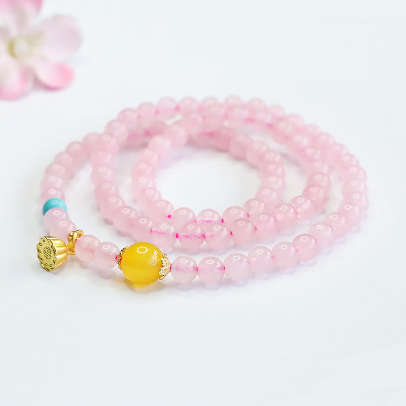 Bracelet Lotus en cristal rose de 6 mm avec calcédoine jaune