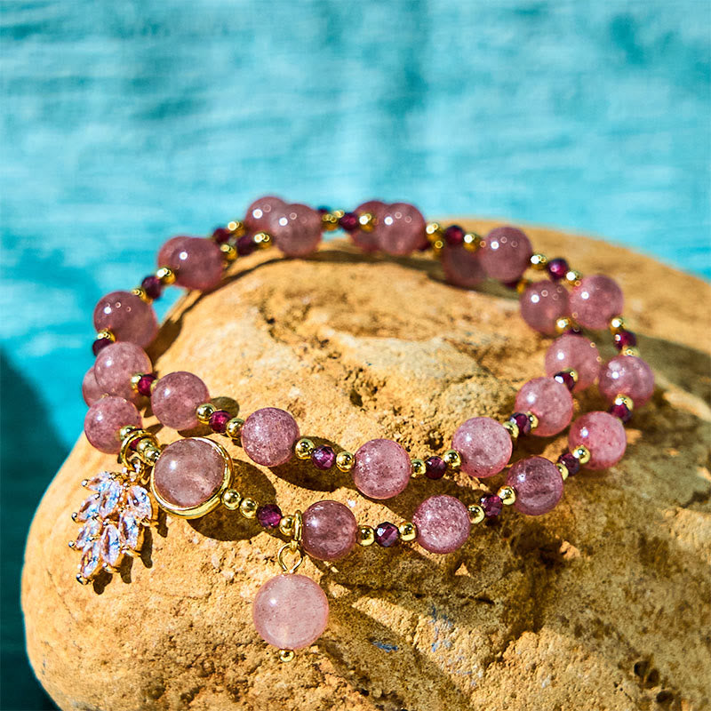 Bracelet de guérison d'amour double tour en quartz fraise de 6 mm