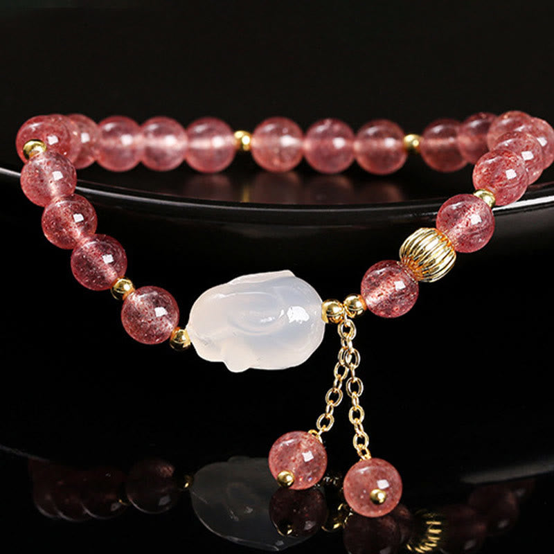 Bracelet de guérison lapin en quartz fraise de 6 mm pour femme