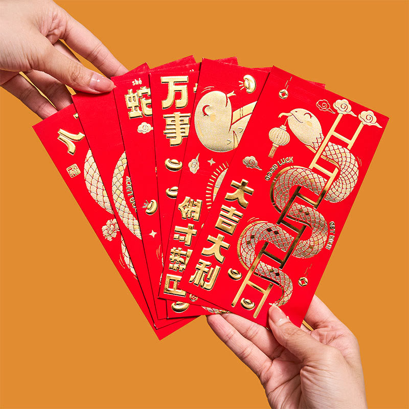 Lot de 6 enveloppes rouges Année du Serpent 2025 | Bonne chance et bénédictions