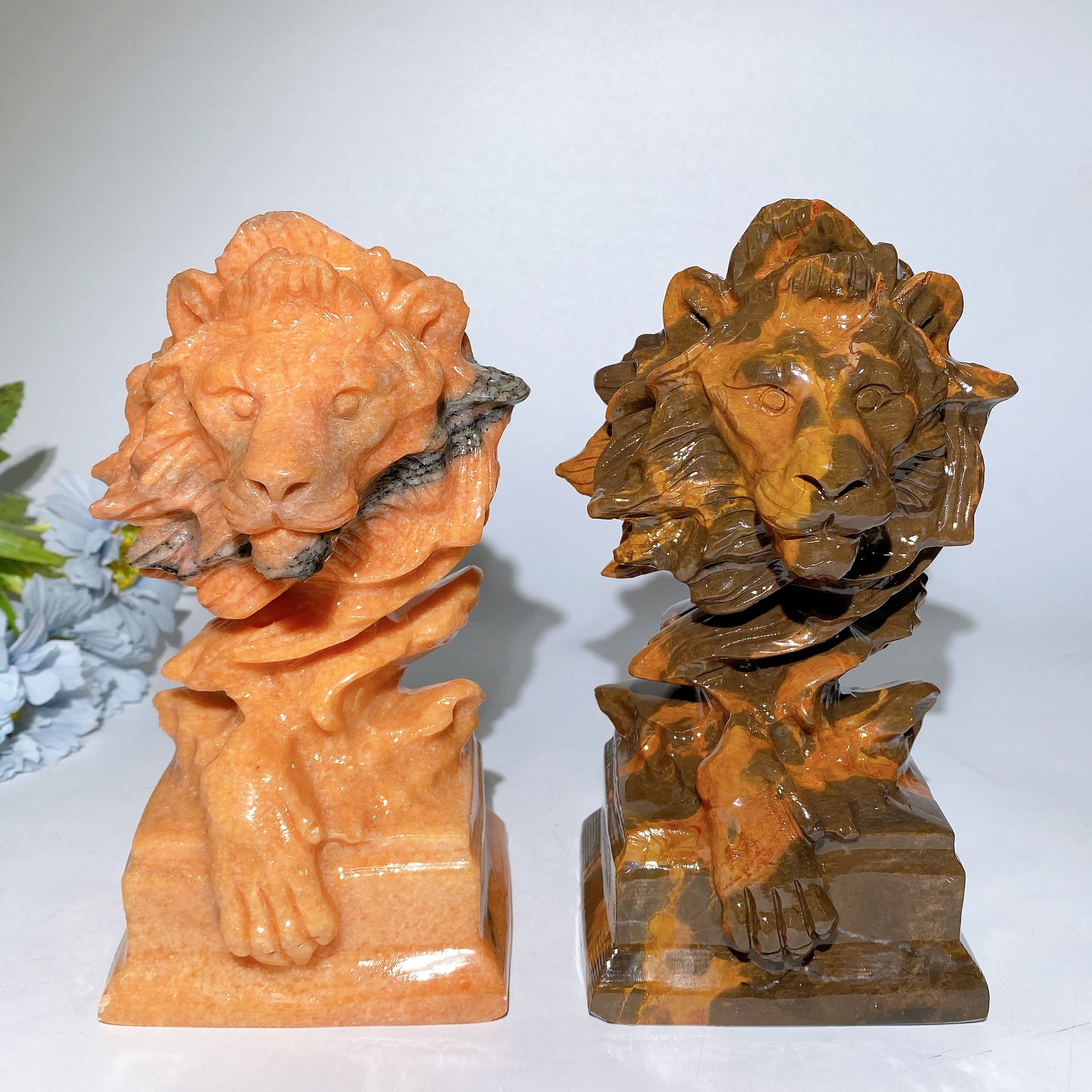 7.0 Inch Sunstone & Jade Lion Head Crystal Figurines