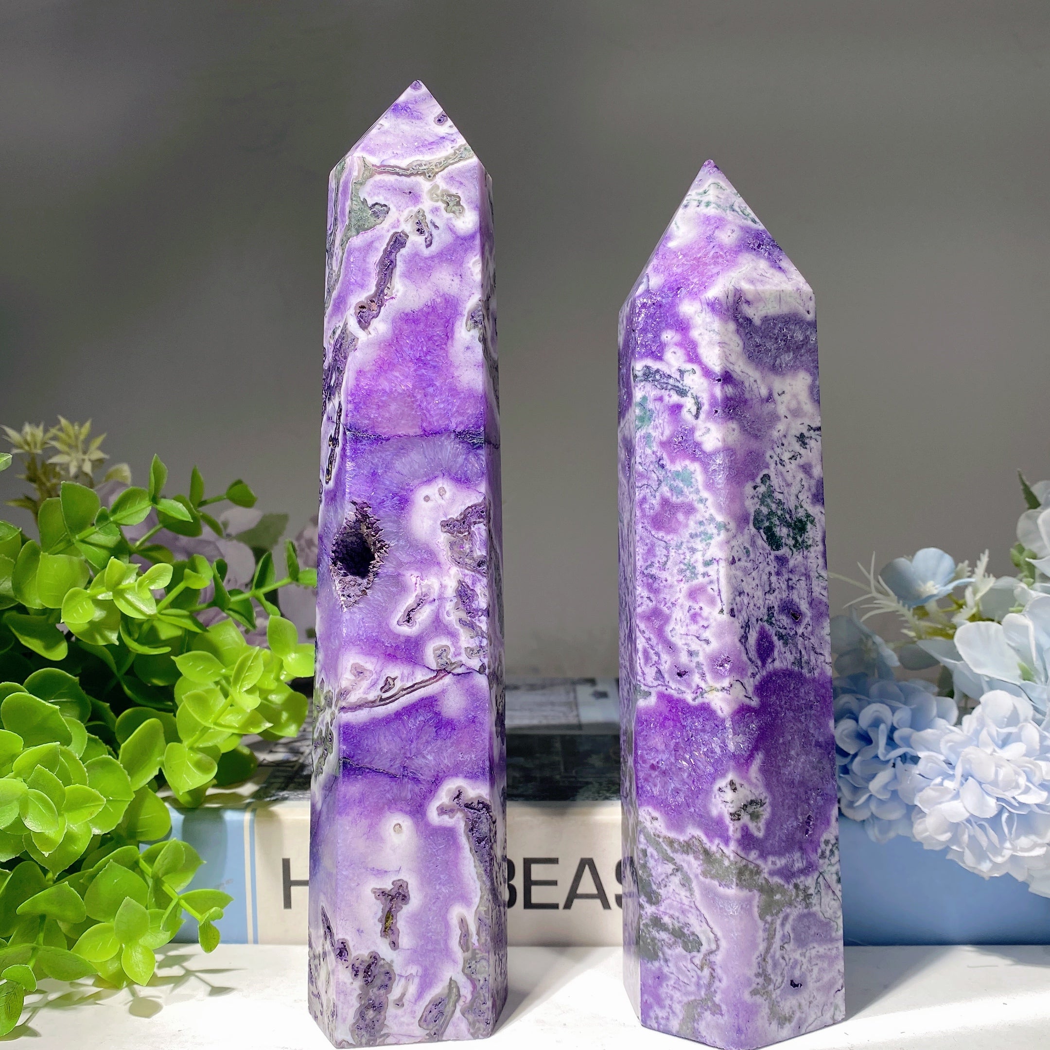 7.5-8.5 inch Purple Moss Agate Crystal Tower for Healing