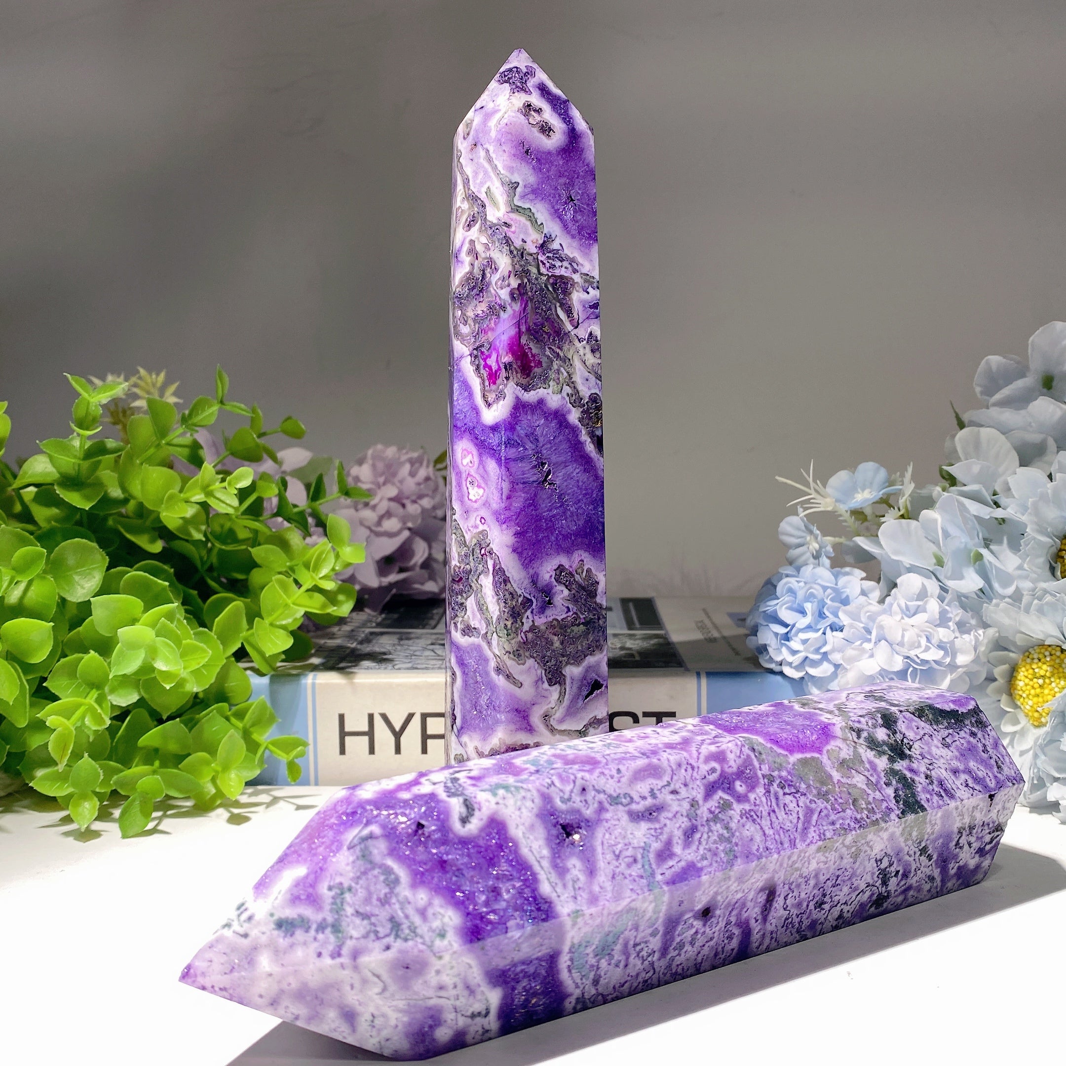 7.5-8.5 inch Purple Moss Agate Crystal Tower for Healing