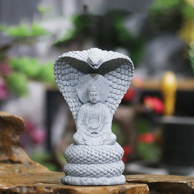 Statue de Bouddha Shakyamuni en grès de 7,5 cm avec symbolisme du serpent