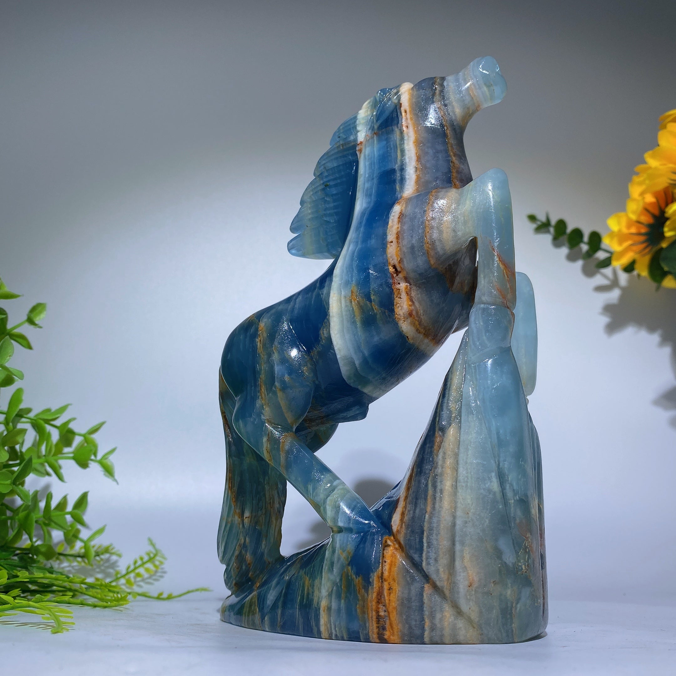 Sculpture animalière en cristal d'onyx bleu de 7,6 pouces