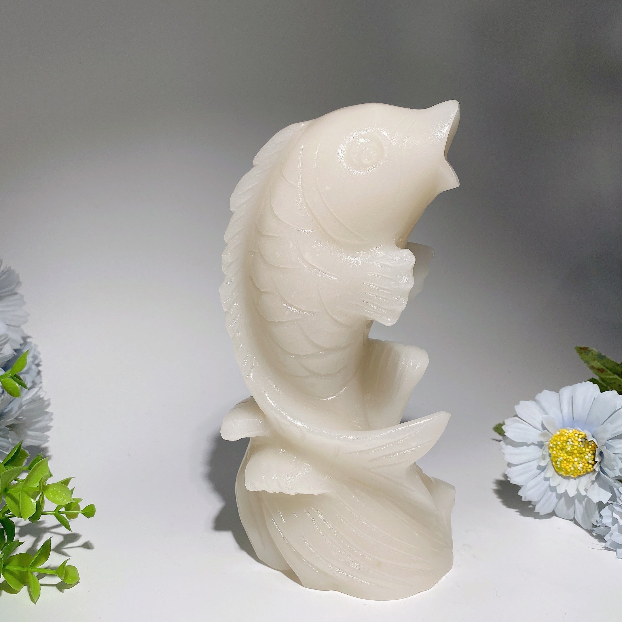 7.9 inch White Jade Fish Crystal Figurine for Healing