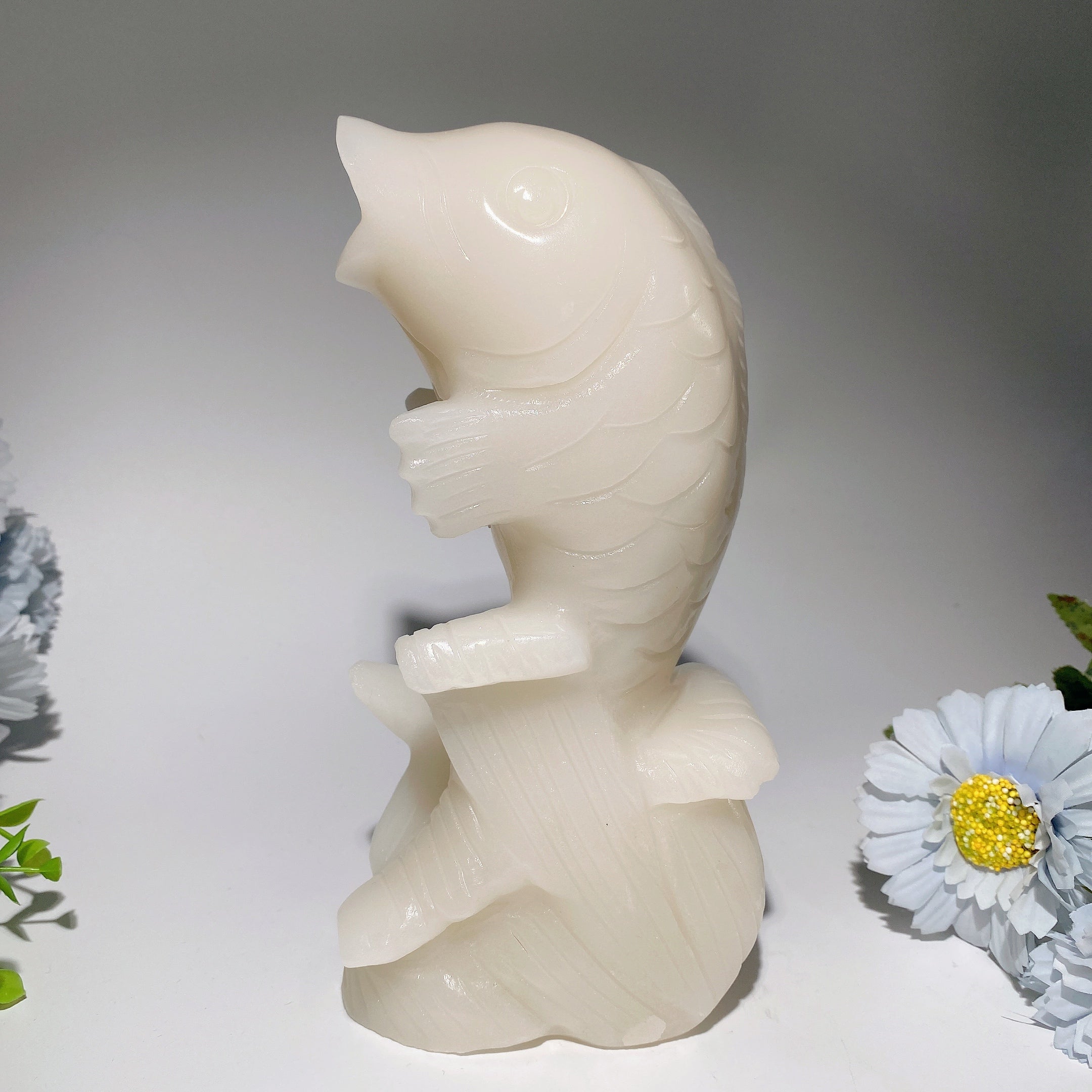 7.9 inch White Jade Fish Crystal Figurine for Healing