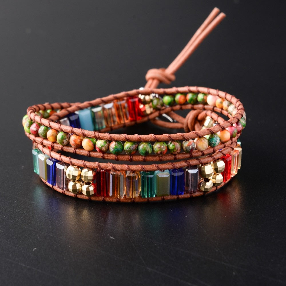 Bracelet enroulé en cuir avec cristaux 7 chakras
