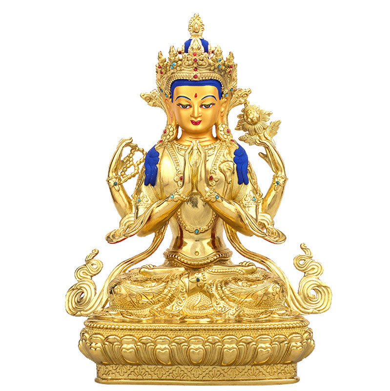 Chenrezig Copper Gold Plated Buddha Statue for Protection 5 Inch