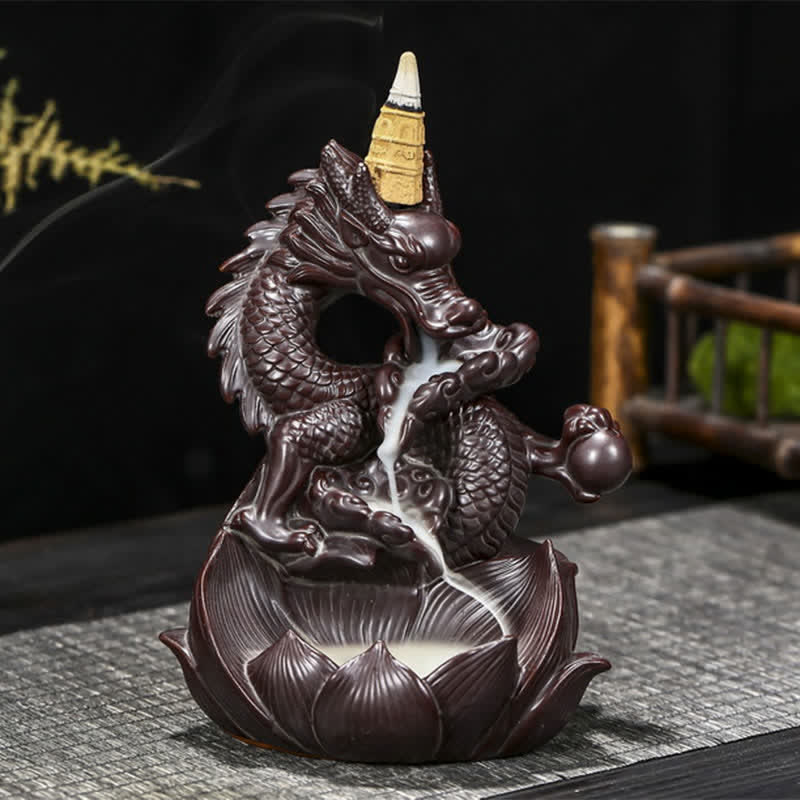 Brûleur d'encens en céramique Dragon Lotus pour la force et la protection