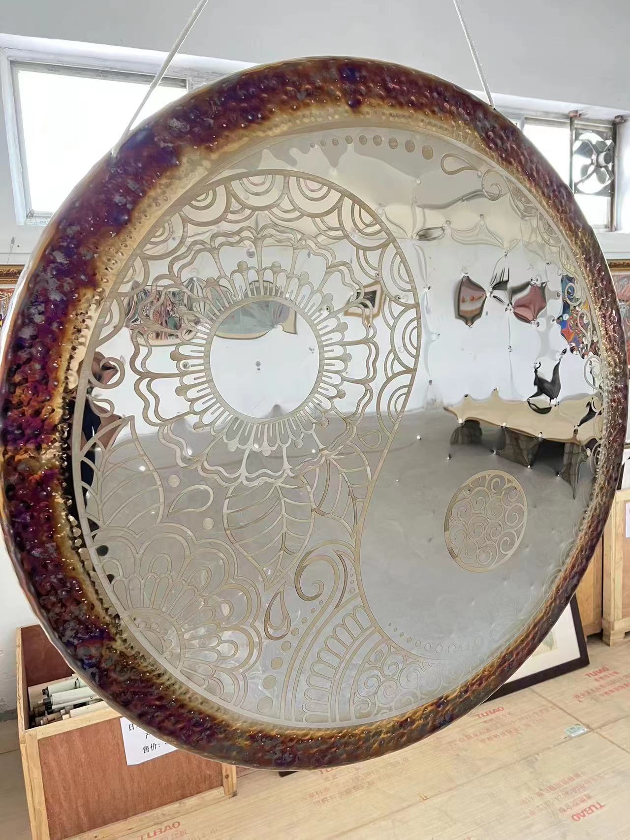 Ornate circular mirror in antiqued purple and gold frame with 70cm Floral Yin Yang Gong