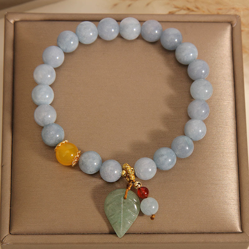 8mm Aquamarine Jade Leaf Healing Charm Bracelet