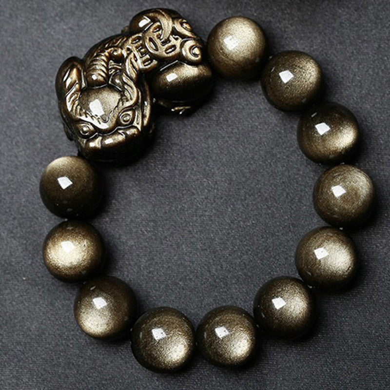 Bracelet de protection Pixiu en obsidienne dorée de 14 mm