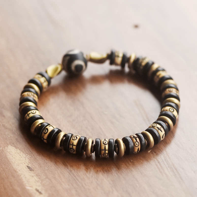 Bracelet de force en bois d'ébène et os de yak tibétain de 8 mm