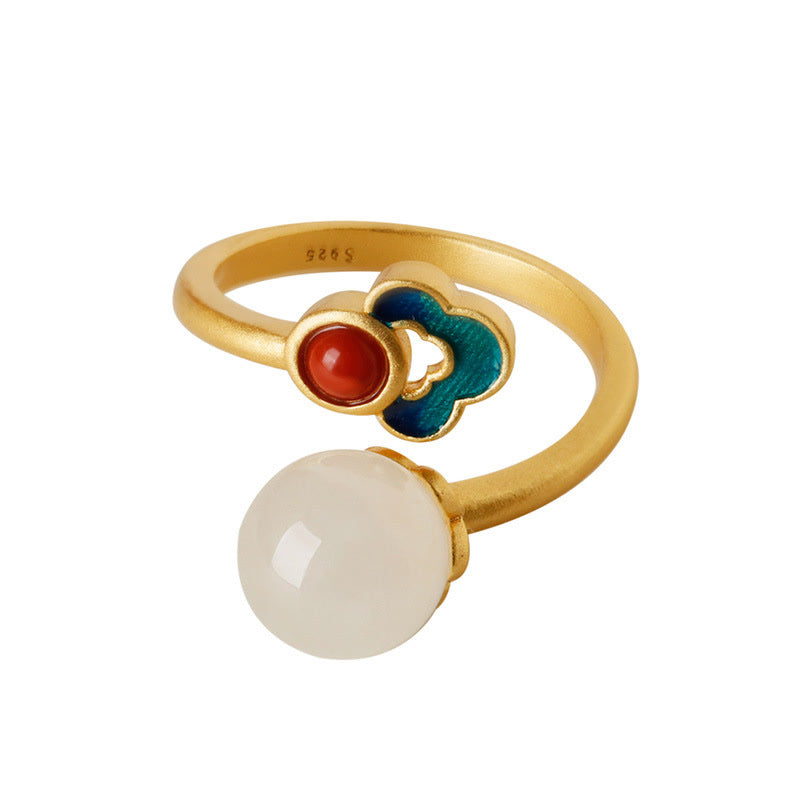 Bague ajustable en jade blanc avec nuage de bon augure et porte-bonheur