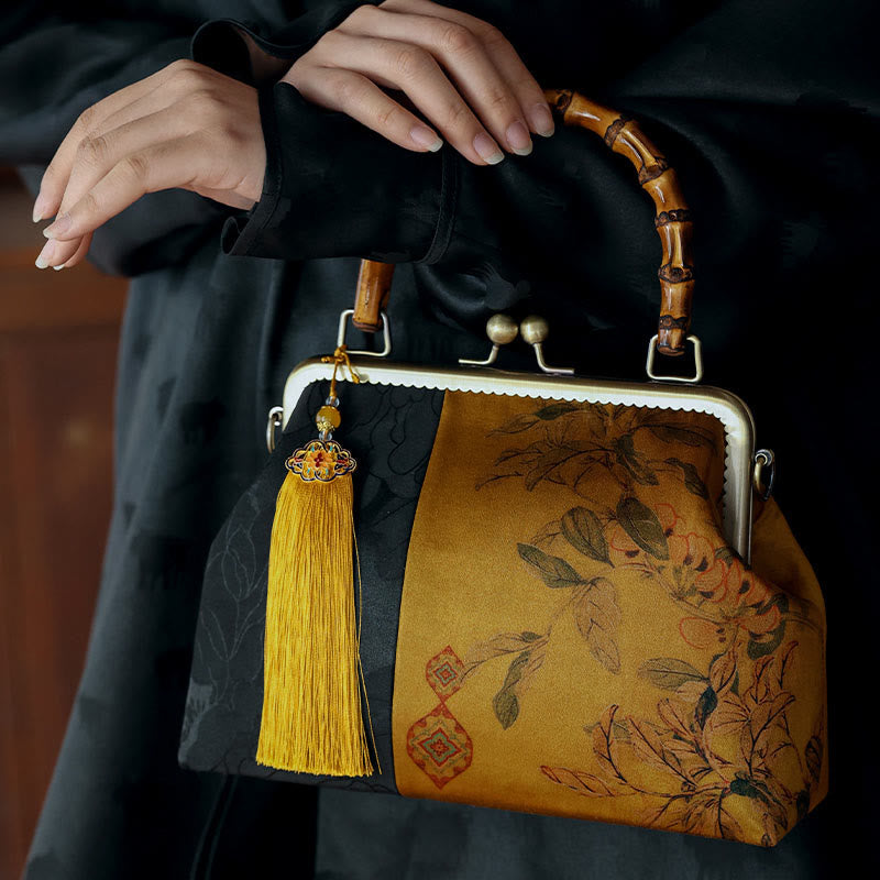 Sac à poignée en bambou inspiré de la nature avec motif de feuilles et d'oiseaux