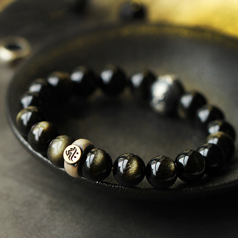 8mm Obsidian Purification Bracelet with Zodiac Buddha