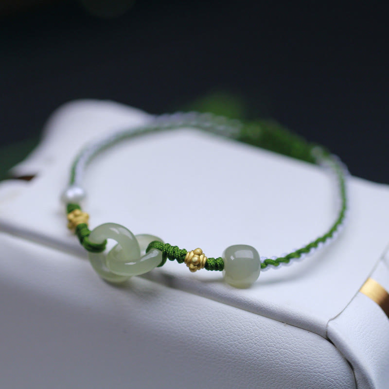 Bracelet tressé en argent sterling et jade Hetian à double boucle de paix