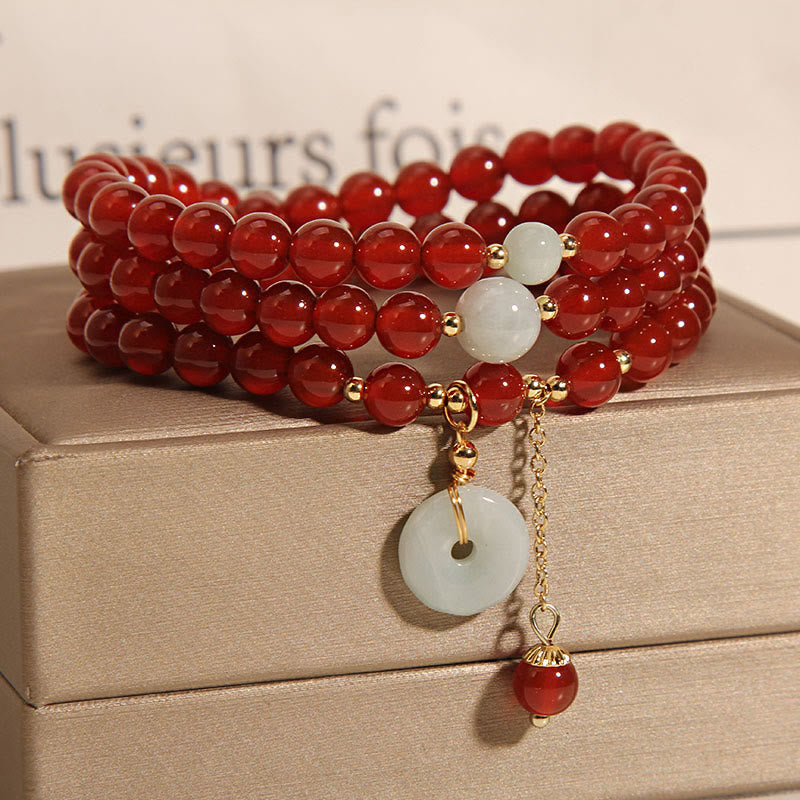 Red Agate Jade Peace Buckle Triple Wrap Agate Bracelet