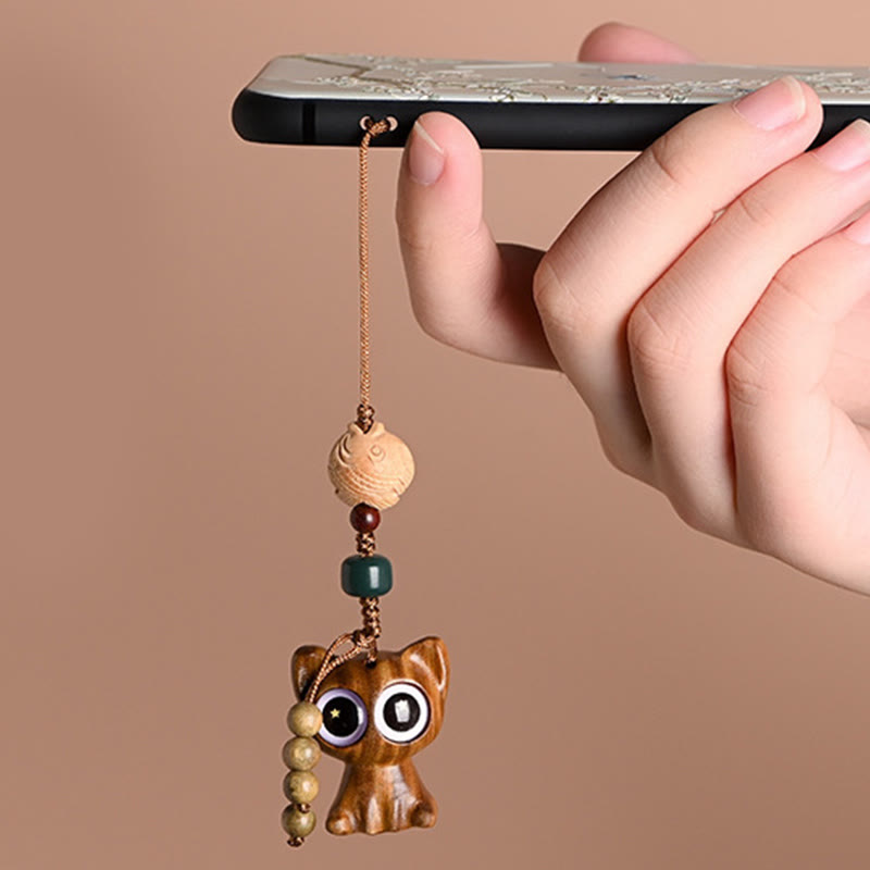 Porte-clés décoratif en forme de chat porte-bonheur en bois de santal vert