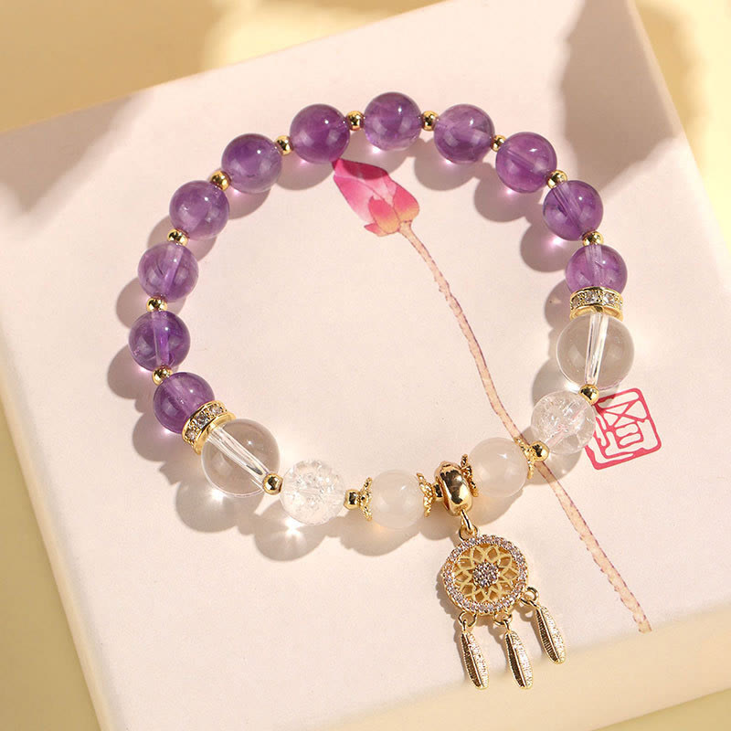 Bracelet de guérison attrape-rêves en quartz fraise vert et améthyste