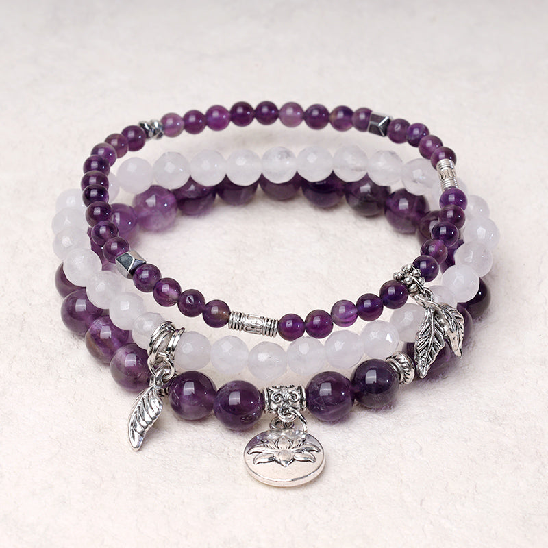 Amethyst Crystal Healing Bracelet with Lotus Symbol | 6-8mm Beads