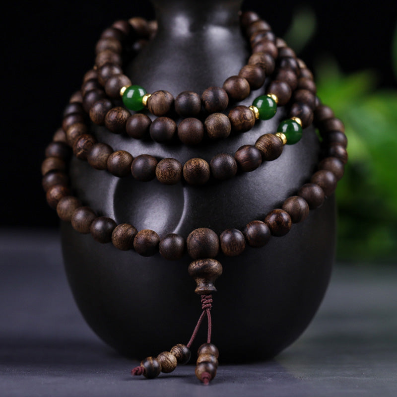 108 Beads Agarwood Cyan Jade Wood Mala Bracelet for Protection