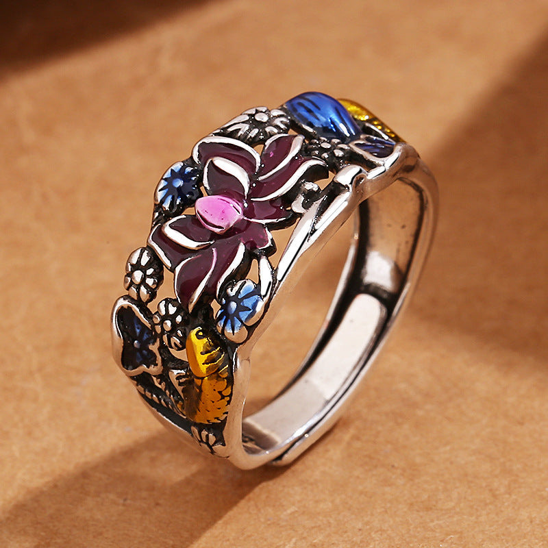 Bague ajustable en cuivre avec motif de poisson koï et porte-bonheur et richesse