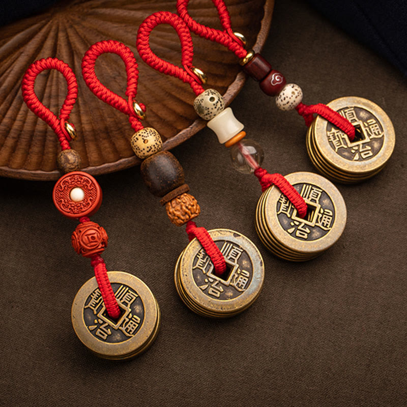Porte-clés Feng Shui Cinq Pièces Empereurs pour la richesse et la protection