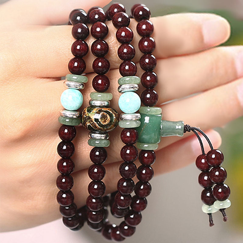 108 Bead Mala Bracelet | Red Sandalwood Green Aventurine Amazonite