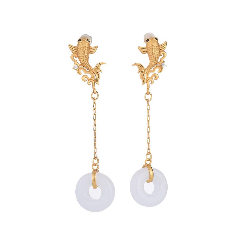 Boucles d'oreilles porte-bonheur en jade blanc 56 mm en forme de poisson koï